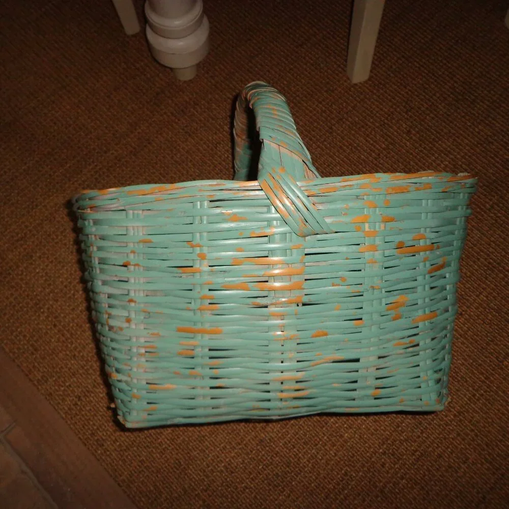 Painted Handled Wicker Basket Distressed Aqua Sturdy
